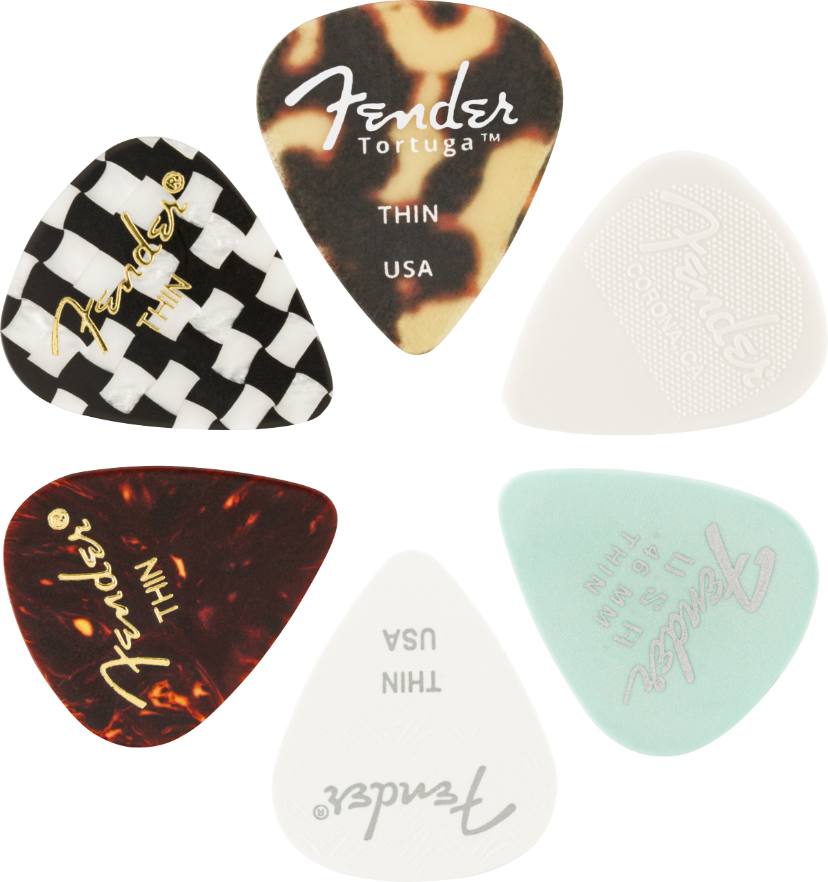 FENDER 351 MATERIAL MEDLEY PACK, 6 PICKS, THIN, MIX OF MATERIALS