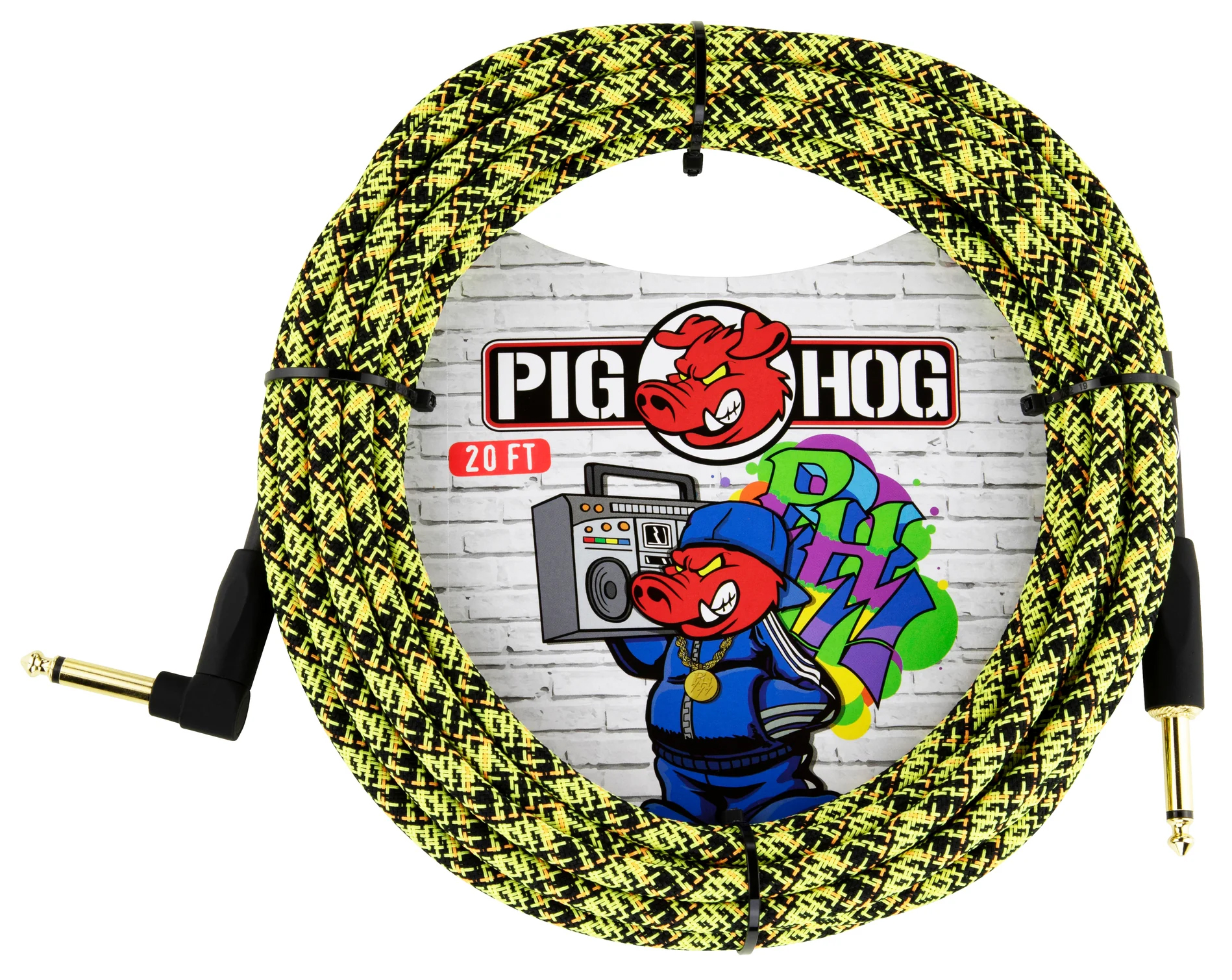 PIG HOG INSTRUMENT CABLE, 20FT RIGHT, YELLOW GRAFFITI