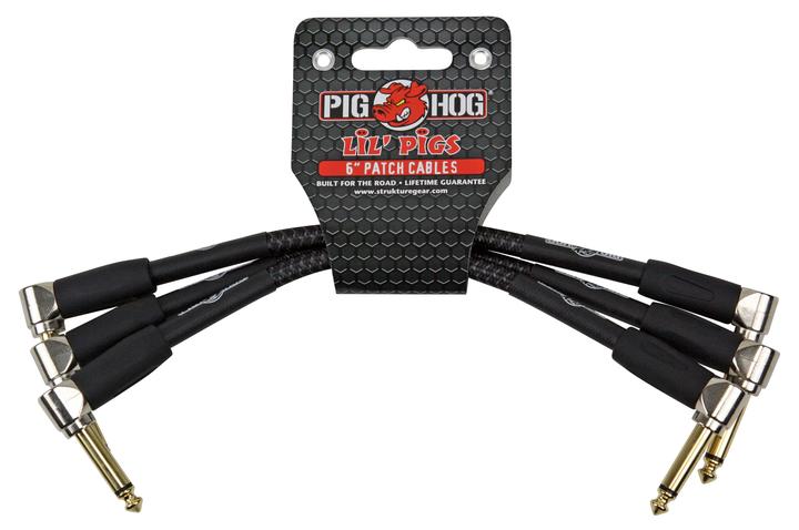 PIG HOG VINTAGE 6" PATCH CABLES, WOVEN BLACK, 3PC